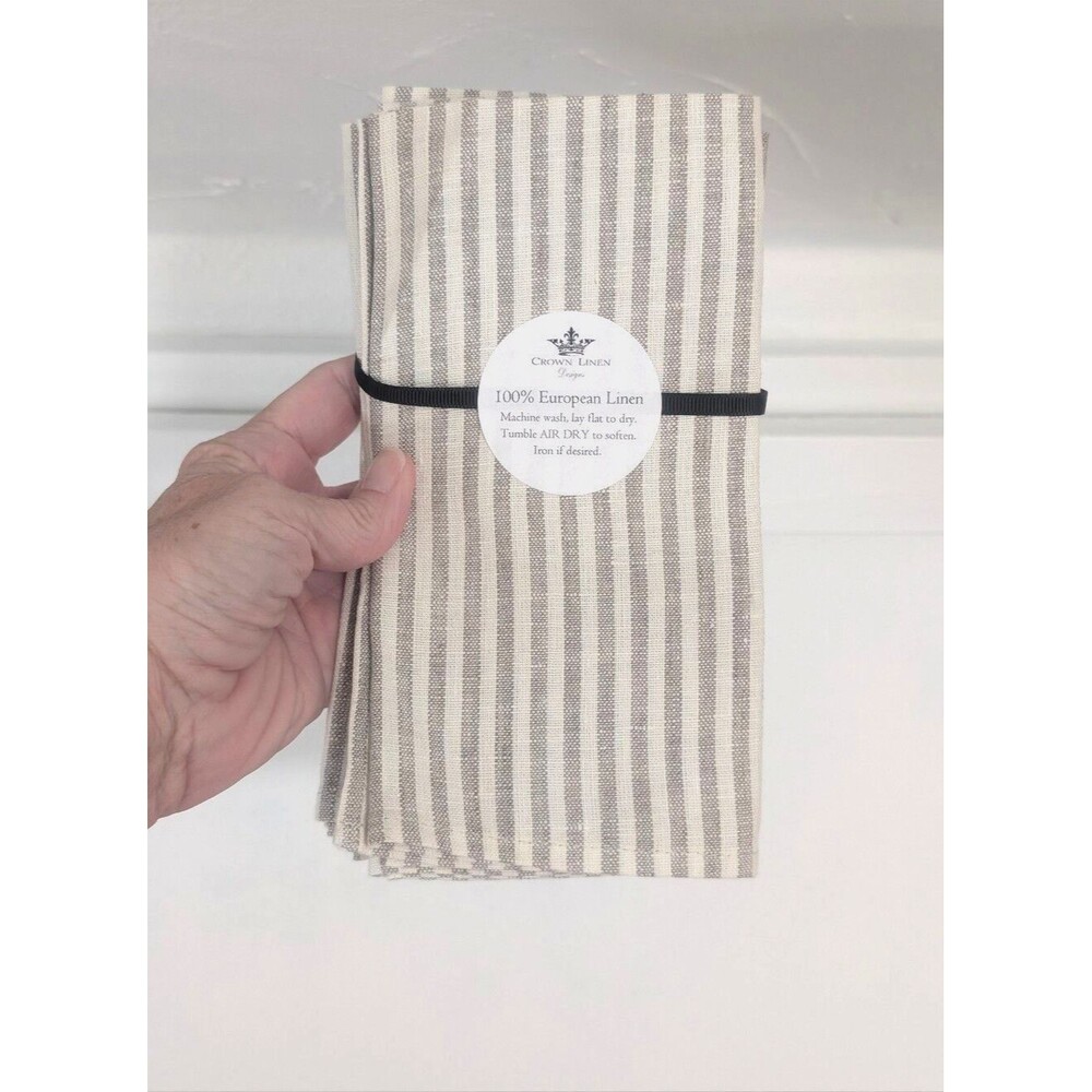 Crown Linen Designs European Linen Striped Napkins Set of 4 NEW Gray/Ivory